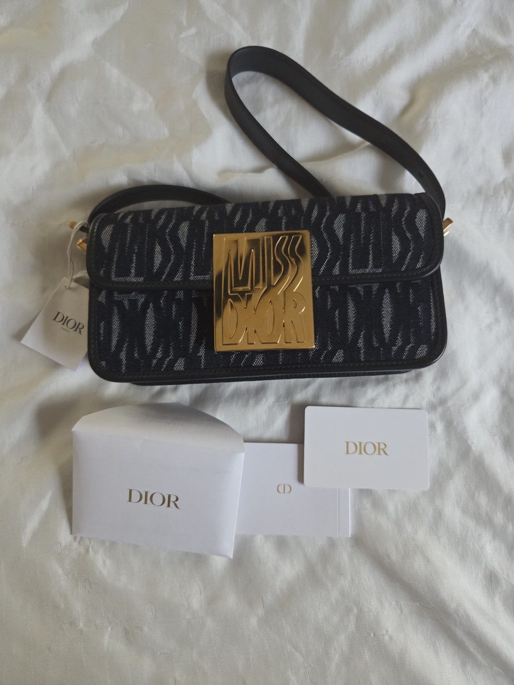 Miss Dior Denim Jacquard Shoulder Bag with Gold Miss Dior Plaque